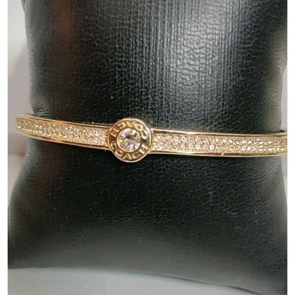 Coach Gold Tone & Crystal Cuff Bracelet W/Security Chain - Picture 1 of 5